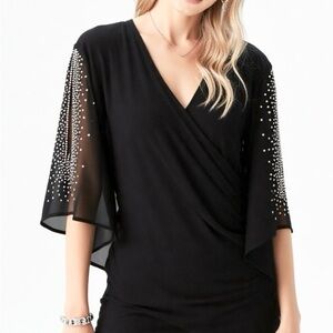 Black Collection Rhinestone Sheer Flutter Sleeve Wrap Blouse in Black Size M